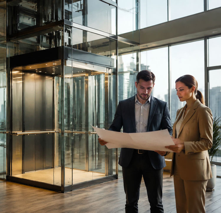 Equipe de vendas da Kelevator discutindo um projeto de elevador